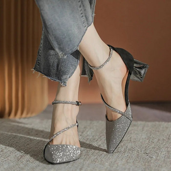 Γυναικεία γυαλιστερά κρυστάλλινα ψηλοτάκουνα παπούτσια Pumps 2023 Καλοκαιρινά λουράκια στον αστράγαλο Χοντρό τακούνι σανδάλι Γυναικεία παπούτσια για πάρτι με μυτερά μύτη