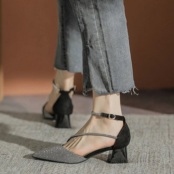 Γυναικεία γυαλιστερά κρυστάλλινα ψηλοτάκουνα παπούτσια Pumps 2023 Καλοκαιρινά λουράκια στον αστράγαλο Χοντρό τακούνι σανδάλι Γυναικεία παπούτσια για πάρτι με μυτερά μύτη