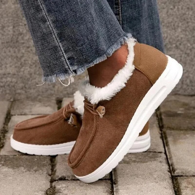 Női fűzős plüss lapos bebújós cipők Elegáns őszi-téli szőrmés Mocasines Új lapos cipők Alkalmi meleg pamut cipők