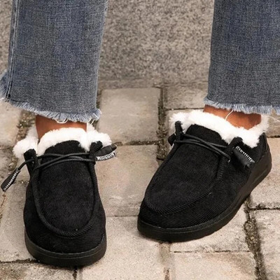 Női fűzős plüss lapos bebújós cipők Elegáns őszi-téli szőrmés Mocasines Új lapos cipők Alkalmi meleg pamut cipők