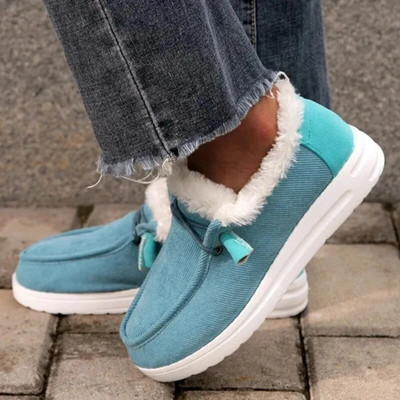 Női fűzős plüss lapos bebújós cipők Elegáns őszi-téli szőrmés Mocasines Új lapos cipők Alkalmi meleg pamut cipők