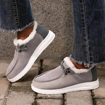 Női fűzős plüss lapos bebújós cipők Elegáns őszi-téli szőrmés Mocasines Új lapos cipők Alkalmi meleg pamut cipők