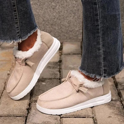 Női fűzős plüss lapos bebújós cipők Elegáns őszi-téli szőrmés Mocasines Új lapos cipők Alkalmi meleg pamut cipők