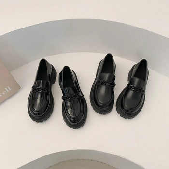 Γυναικεία δερμάτινα παπούτσια βρετανικού στυλ 2023 Ανοιξιάτικα μαύρα Muffin Φοιτητικά Μονά Παπούτσια Ρετρό με ένα πεντάλ Loafer Γυναικεία παπούτσια