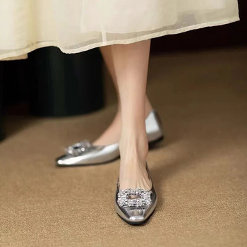 Дамски обувки с равни обувки Единични обувки Пролет Есен Едноцветни Pu Обувки със кристали Mary Jane Ежедневни дамски мокасини с хлъзгане Сребристи златни мокасини