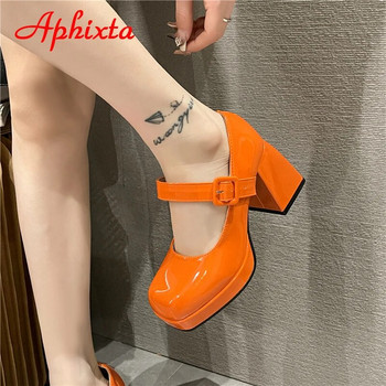 Aphixta 2023, нови помпи с квадратни пръсти на платформа, дамски обувки, 7 см масивни токчета, оранжеви помпи против падане с катарама плюс голям размер 35-45
