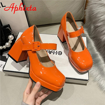 Aphixta 2023, нови помпи с квадратни пръсти на платформа, дамски обувки, 7 см масивни токчета, оранжеви помпи против падане с катарама плюс голям размер 35-45