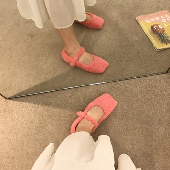 Модни балетни обувки с квадратни пръсти от агнешка вълна Дамски зимни топли плюшени мокасини Дамски дизайнерски маркови обувки с мека кожа Mary Jane в розово