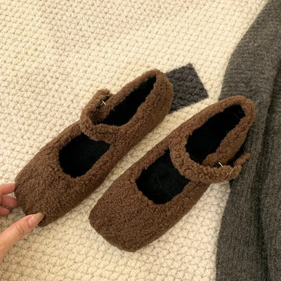 Divat Négyszögletes lábujj Báránygyapjú balettlakások Női Téli Meleg plüss Loaferek Női Márka Design Teddy Fur Mary Jane Rózsaszín cipők