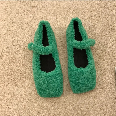 Divat Négyszögletes lábujj Báránygyapjú balettlakások Női Téli Meleg plüss Loaferek Női Márka Design Teddy Fur Mary Jane Rózsaszín cipők