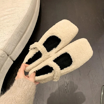 Divat Négyszögletes lábujj Báránygyapjú balettlakások Női Téli Meleg plüss Loaferek Női Márka Design Teddy Fur Mary Jane Rózsaszín cipők