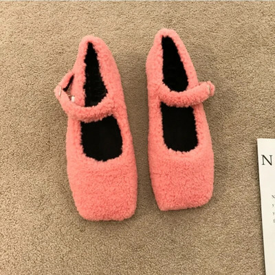 Divat Négyszögletes lábujj Báránygyapjú balettlakások Női Téli Meleg plüss Loaferek Női Márka Design Teddy Fur Mary Jane Rózsaszín cipők