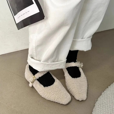 Divat Négyszögletes lábujj Báránygyapjú balettlakások Női Téli Meleg plüss Loaferek Női Márka Design Teddy Fur Mary Jane Rózsaszín cipők