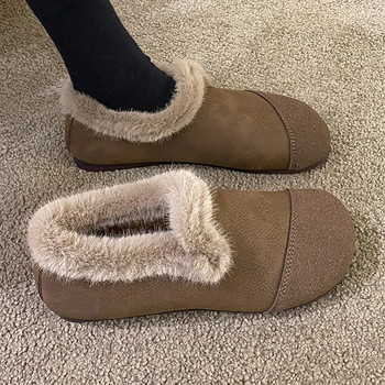 Loafers Γυναικεία Παπούτσια Flats Fur 2024 Νέα περιστασιακά αντιολισθητικά χειμωνιάτικα ζεστά παπούτσια Designer Pu Δερμάτινα με στρογγυλά δάχτυλα Γυναικείες ζεστές μπότες για χιόνι