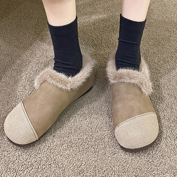 Loafers Γυναικεία Παπούτσια Flats Fur 2024 Νέα περιστασιακά αντιολισθητικά χειμωνιάτικα ζεστά παπούτσια Designer Pu Δερμάτινα με στρογγυλά δάχτυλα Γυναικείες ζεστές μπότες για χιόνι