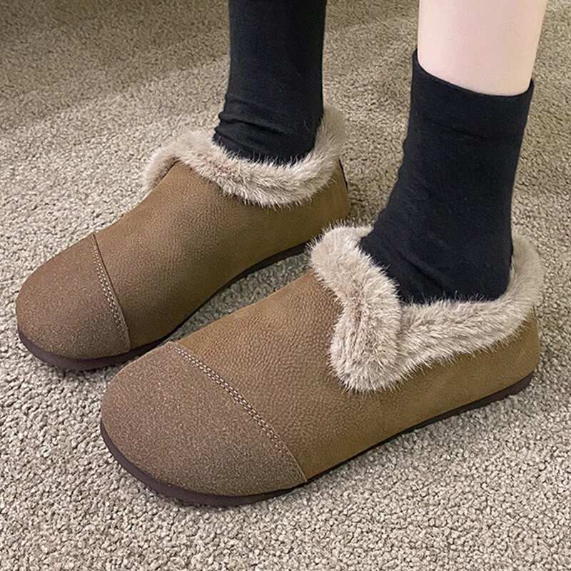 Мокасини Дамски обувки Равни обувки с козина 2024 Нови ежедневни неплъзгащи се зимни топли обувки Дизайнерски обувки от изкуствена кожа с кръгли пръсти Дамски уютни ботуши за сняг