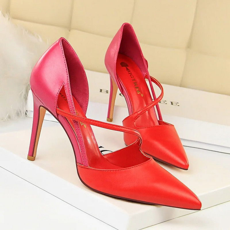 Нови летни дамски сандали с 9,5 см висок ток Нощен клуб Стриптизьорски токчета Секси пачуърк сандали Парти каишка за глезена Жълти розови обувки