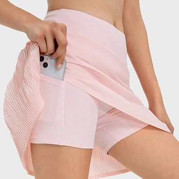 Γυναικεία φούστα τένις μονόχρωμη 2 σε 1 εξωτερική προπόνηση Πλισέ φούστα αναπνεύσιμη γρήγορα στεγνή τσέπες γυμναστική για τρέξιμο Skort Sportswear