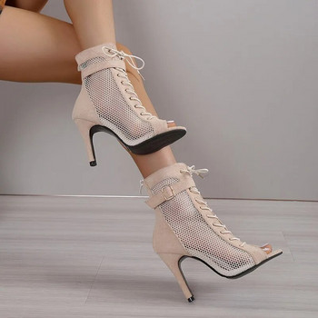 Нови дамски обувки за джаз танци с високи токчета Секси мрежести къси ботуши с цип Черни бални сандали за латиноамерикански танци Дамски обувки