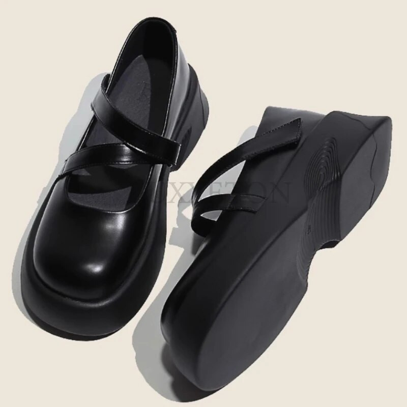 Устойчиви на вятъра обувки с дебела подметка Mary Jane, есенни, нови, меки кожени обувки с велкро JK College Малки кожени обувки