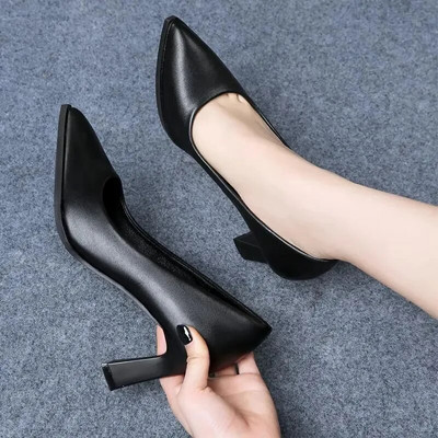 Високи токчета Дамски обувки Черни кожени работни обувки Дамски офис Официални професионални обувки на среден ток Модни 6 см 8 см