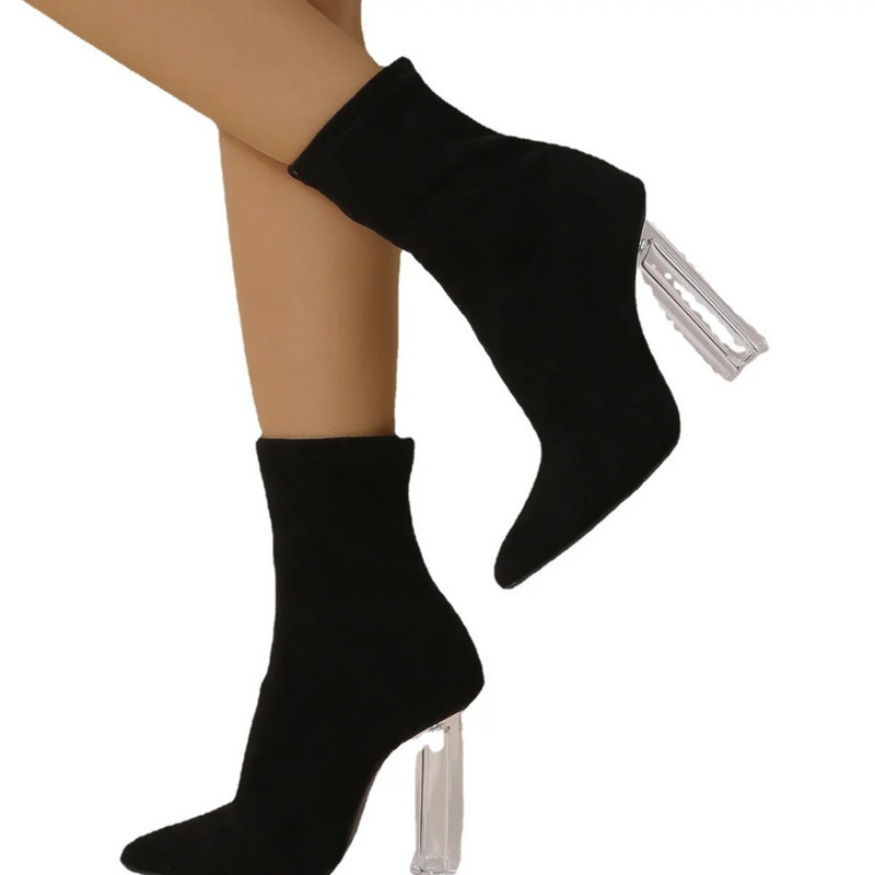 Дамски обувки с висок ток Дамски дебели едноцветни заострени велурени квадратни корени Средна тръба Удебелени дишащи топли дамски