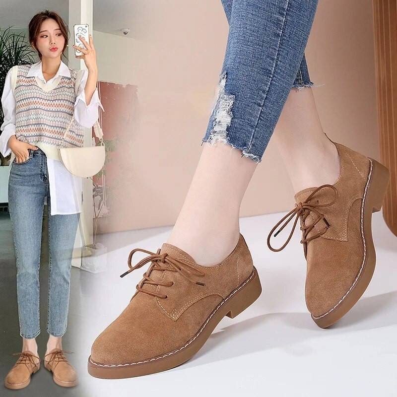 2023 Нови дамски обувки от телешка велурена кожа Оксфордски обувки Пролетни дамски маратонки Мокасини Ежедневни обувки Есенни обувки тип лодка Дамски обувки