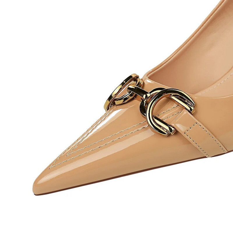 Дамски 7 см 10 см високи токчета Сватбени булчински реплики Помпи Дамски Scarpins Метална верижка катарама Ниски токчета Stiletto Голи зелени абитуриентски обувки