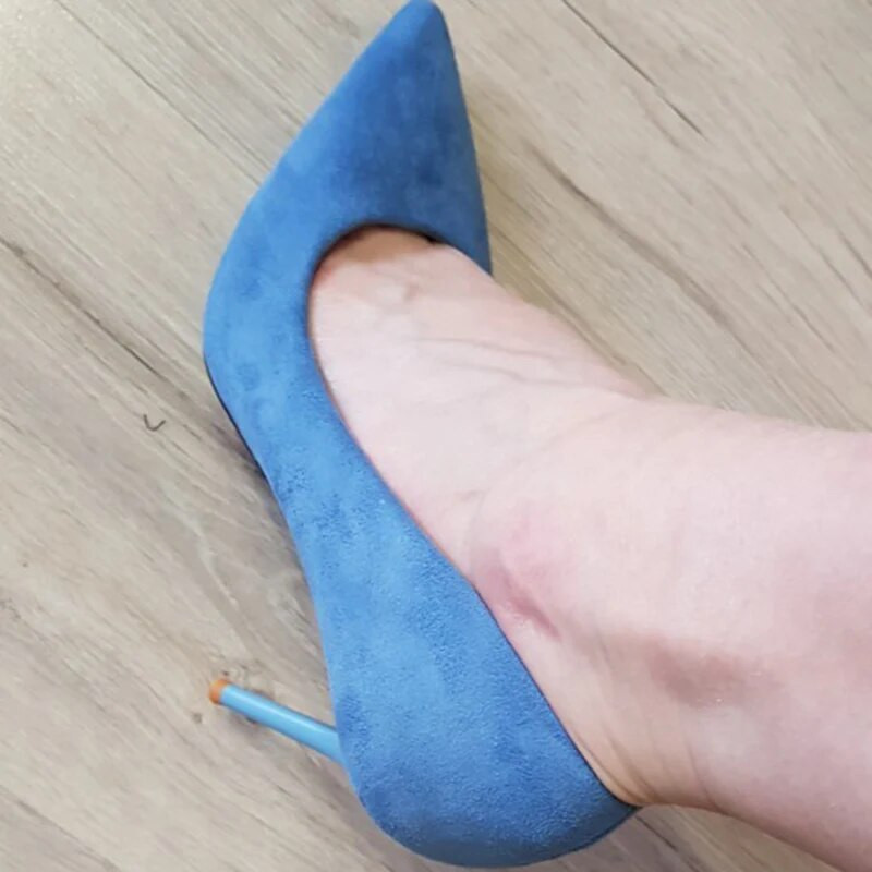 Дамски 9 см високи токчета Помпи Stripper Flock Suede Плюс размер Ескарпини Дамски сватбени булчински токчета Ескарпини Зелени сини жълти обувки