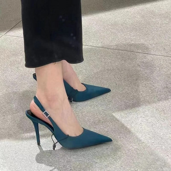 Сини обувки на висок ток за жени Модни сандали с остри секси тънки токчета Плъзгащи се обувки Плитки дамски помпи лято 2023