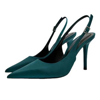 Сини обувки на висок ток за жени Модни сандали с остри секси тънки токчета Плъзгащи се обувки Плитки дамски помпи лято 2023