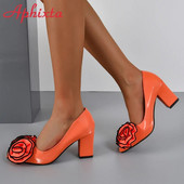 Aphixta Orange Big Rose Flowers 7cm Τετράγωνα Τακούνια Pumps Γυναικεία Παπούτσια Φοιτητικά και Ενήλικα Μυτερά Δάχτυλα Super Big Size 30-50