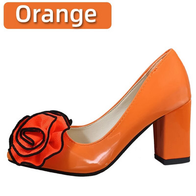 Aphixta Orange Big Rose Flowers 7cm Τετράγωνα Τακούνια Pumps Γυναικεία Παπούτσια Φοιτητικά και Ενήλικα Μυτερά Δάχτυλα Super Big Size 30-50