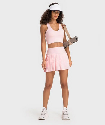 Дамско едноцветно лятно тенис облекло Секси състезателен сутиен Плисирана пола Спортен комплект от две части Фитнес костюм Женско дишащо спортно облекло