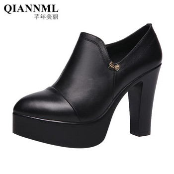 Помпи на платформа с малък размер 32-43 Дамски есенни черни цепени кожени обувки за 2023 г. Високи токчета за тънки крака Офис модел Мама