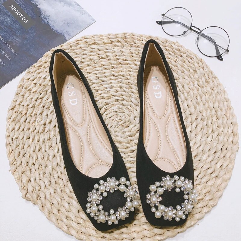 Sieviešu Plakani Dimanta Pērles Kristāla Sieviešu Plakani Apavi Mīksta Zole Vienkrāsaina Kāzu Apavi Kvadrātveida galva Ērti Mokasīni Loafer