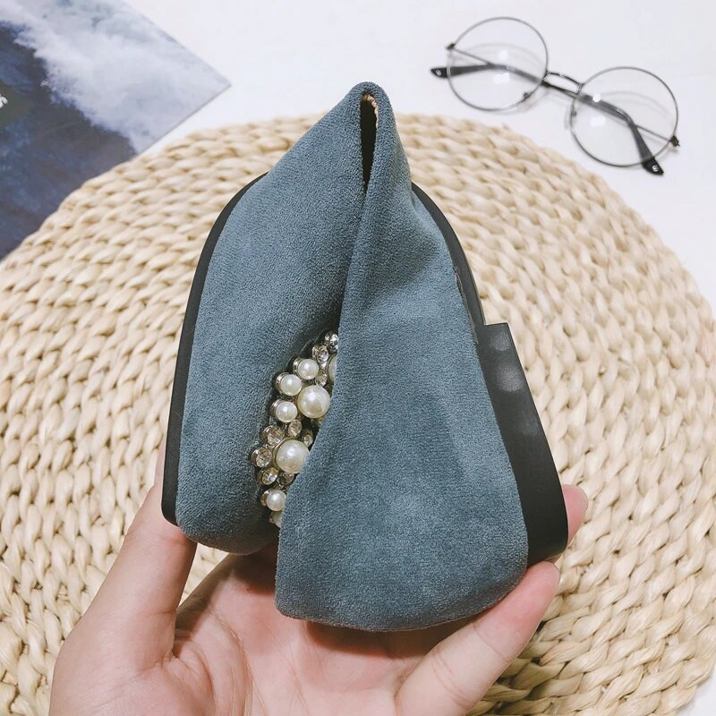 Sieviešu Plakani Dimanta Pērles Kristāla Sieviešu Plakani Apavi Mīksta Zole Vienkrāsaina Kāzu Apavi Kvadrātveida galva Ērti Mokasīni Loafer