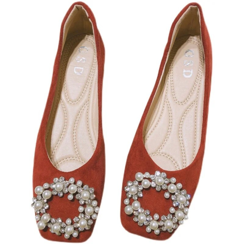 Sieviešu Plakani Dimanta Pērles Kristāla Sieviešu Plakani Apavi Mīksta Zole Vienkrāsaina Kāzu Apavi Kvadrātveida galva Ērti Mokasīni Loafer