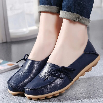 Νέα γυναικεία διαμερίσματα Moccasins 2022 Autumn Woman Loafers Γνήσιο δέρμα Γυναικεία παπούτσια Slip On Ballet Bowtie Γυναικεία παπούτσια μεγάλου μεγέθους