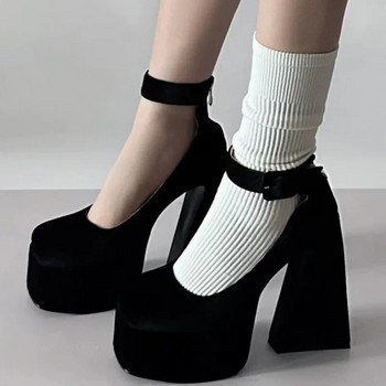 Дамски обувки с висок ток, модни кръгли пръсти, катарама, масивен висок ток, вътрешни дамски обувки, черни, универсални офис високи токчета Zapatos Mujer