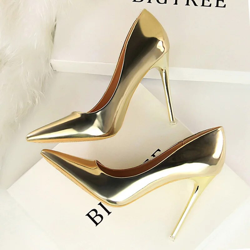 BIGTREE Дамски обувки с високи токчета Златни, сребърни фетишни дамски обувки с обувки на шпилки Лачени парти сватбени обувки Дамски летни сандали 43