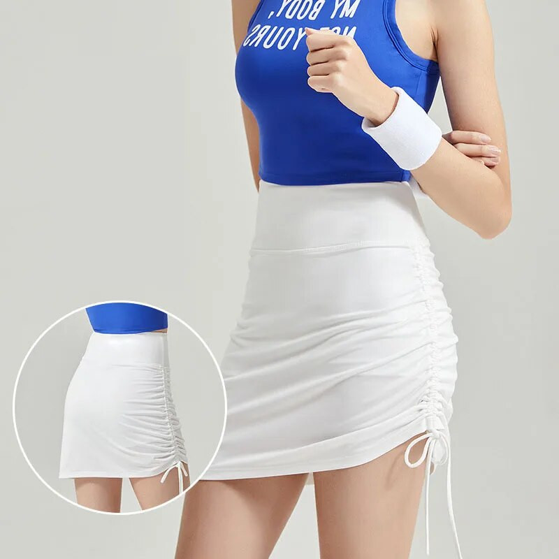 Tenisa skorts sievietēm ar augstu vidukli elastīgi sporta svārki ar iekšējiem šortiem un savelkamām aukliņām, kas ātri nožūst, seksīgi minisvārki, sporta apģērbs