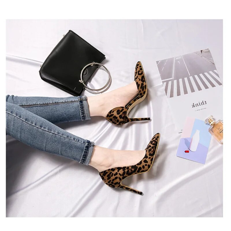 Rudens Sexy Leopard Print Sieviešu apavi Augsti papēži 6–10 CM Eleganti biroja augstpapēžu kurpes Sieviešu sandales, smailas, greznas vienvietīgas kurpes
