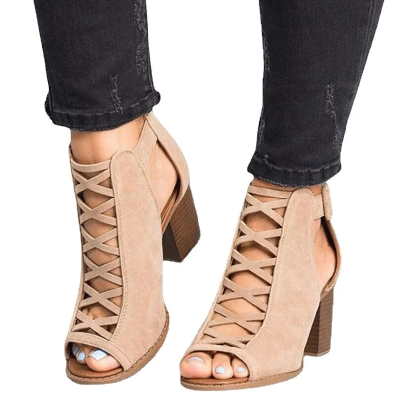 2023. gada sieviešu kvadrātveida papēžu sandales ar dobu purngalu, kuplas gladiatora sandales ar siksnu, melnas pavasara vasaras kurpes HVT791