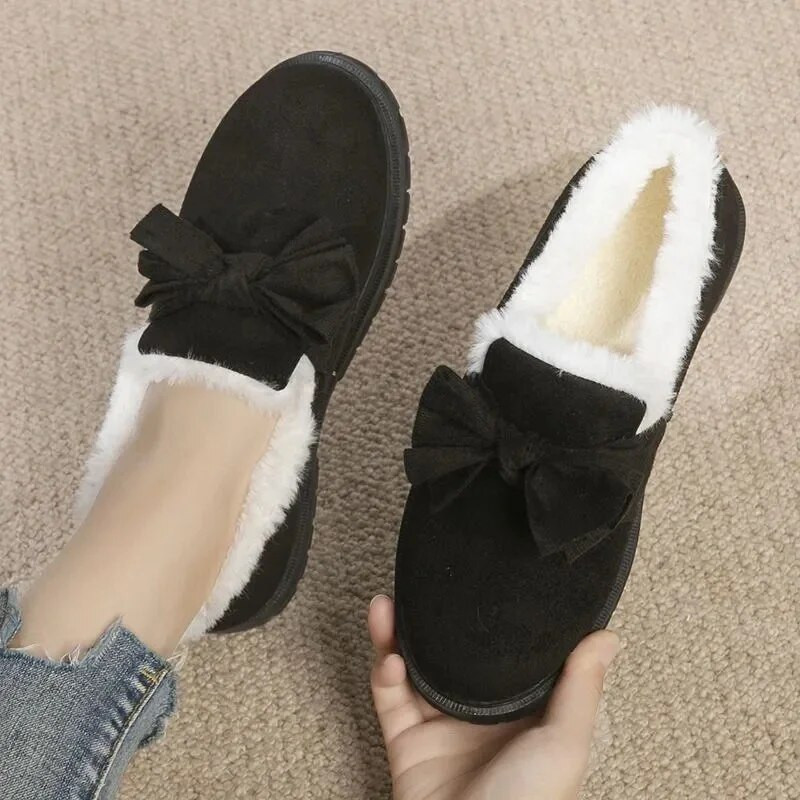 Къси памучни обувки, плюшени, удебелени, топли дамски обувки за лодка с равни подметки, лъка, плитки приплъзващи се прости ежедневни зимни обувки