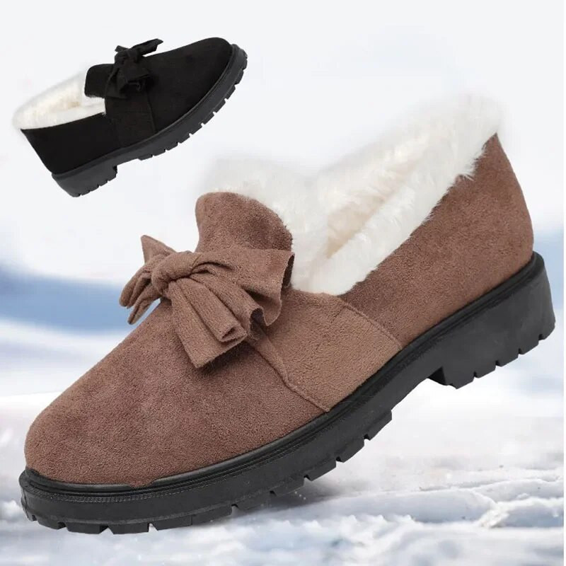 Къси памучни обувки, плюшени, удебелени, топли дамски обувки за лодка с равни подметки, лъка, плитки приплъзващи се прости ежедневни зимни обувки