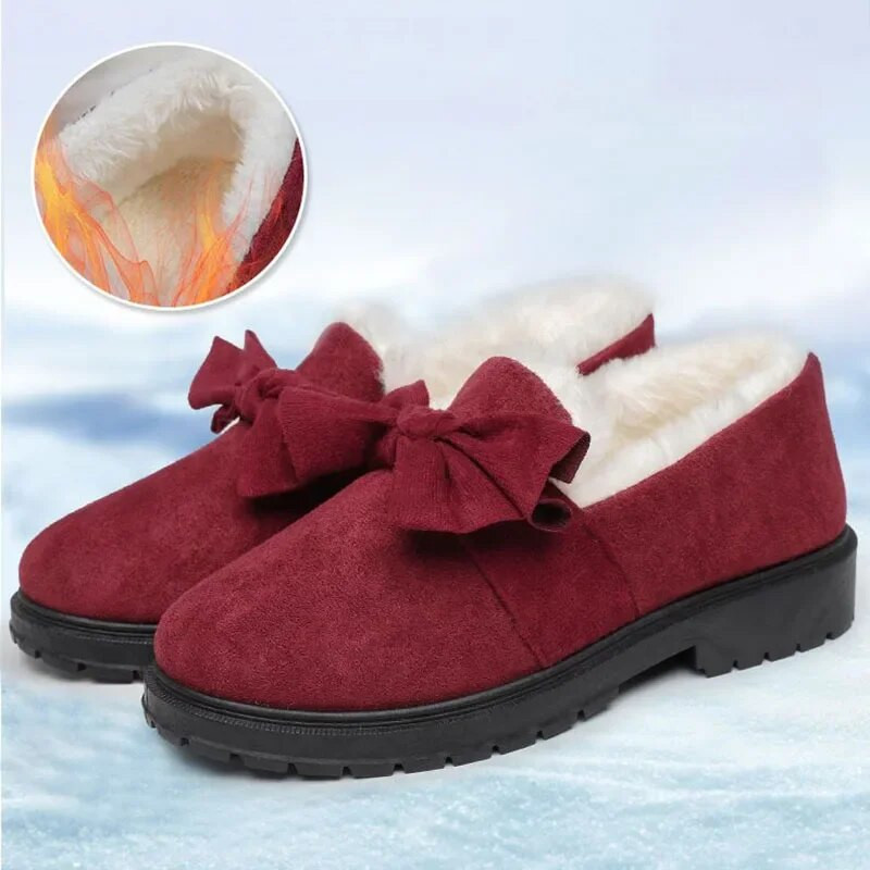 Къси памучни обувки, плюшени, удебелени, топли дамски обувки за лодка с равни подметки, лъка, плитки приплъзващи се прости ежедневни зимни обувки