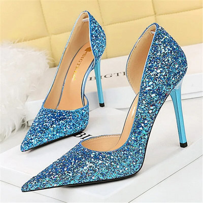 Sieviešu 7 cm 10,5 cm īpaši augstpapēžu kurpes, zila zelta pumpas Sexy sequins Bling zempapēžu kurpes Lady Scarpins Luksusa stiletto Sparkly ballīšu apavi