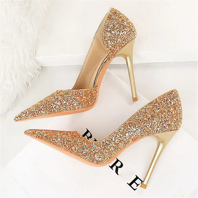 Sieviešu 7 cm 10,5 cm īpaši augstpapēžu kurpes, zila zelta pumpas Sexy sequins Bling zempapēžu kurpes Lady Scarpins Luksusa stiletto Sparkly ballīšu apavi