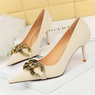 Γυναικεία 7,5 εκ. 9,5 εκ. Ψηλά τακούνια Escarpins Pumps Lady Metal Chain Χαμηλά τακούνια Φετίχ Νυχτερινό κλαμπ Slim Fit Party Green Office Prom παπούτσια